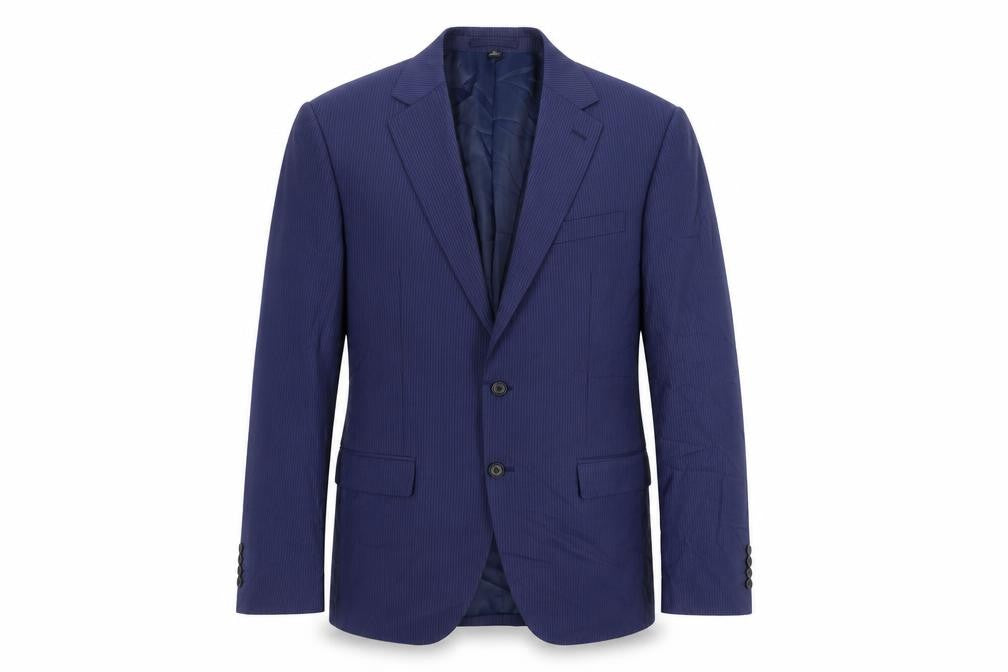 Front view of Marks & Spencer men’s blue striped polyester jacket suit jacket, size 40, regular
