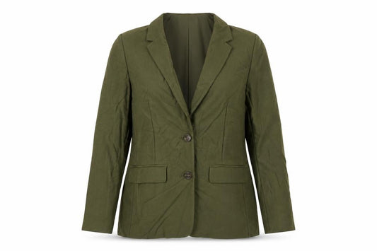 Front view of Marks & Spencer women’s green herringbone jacket blazer, size UK 12, button