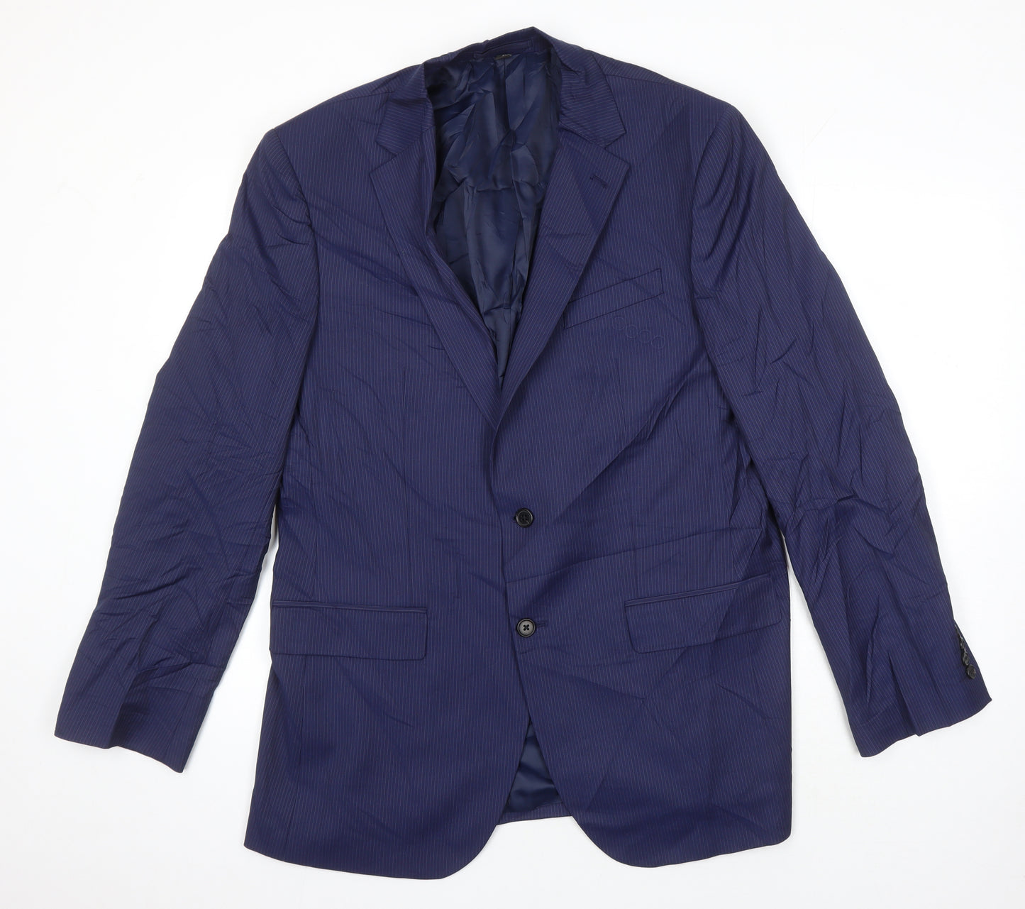 M&S Mens Blue Striped Polyester 2 Piece Suit Size 42 Regular
