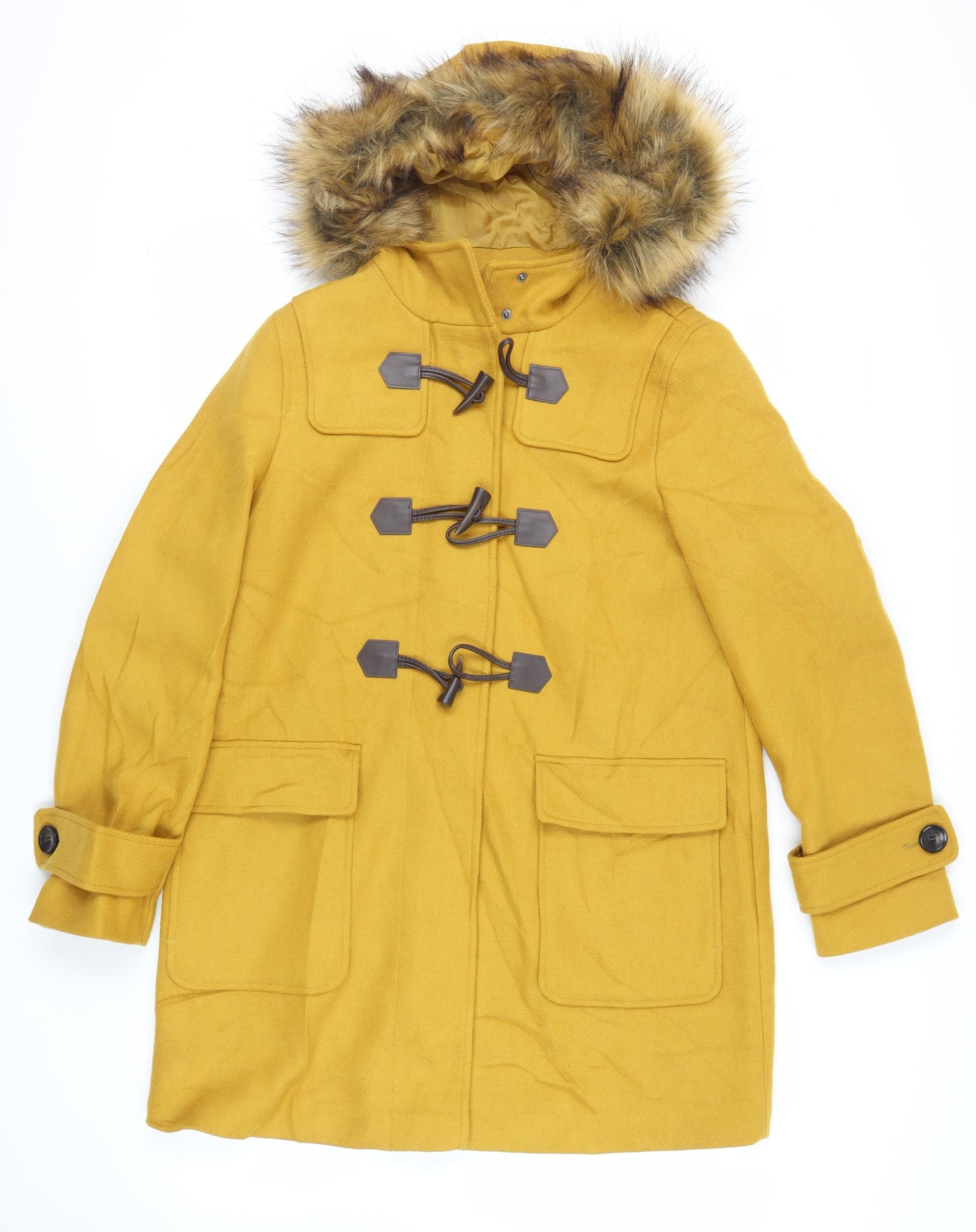 Marks and Spencer Womens Yellow Overcoat Coat Size 14 Zip - Duffle Coat Hooded