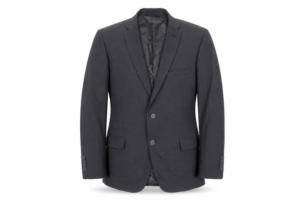 Front view of Marks & Spencer men’s grey plaid polyester jacket suit jacket, size 40, regular