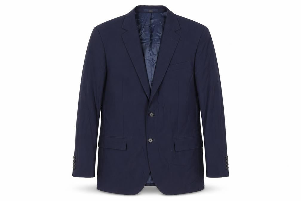Front view of Marks & Spencer men’s blue wool jacket suit jacket, size 42, regular