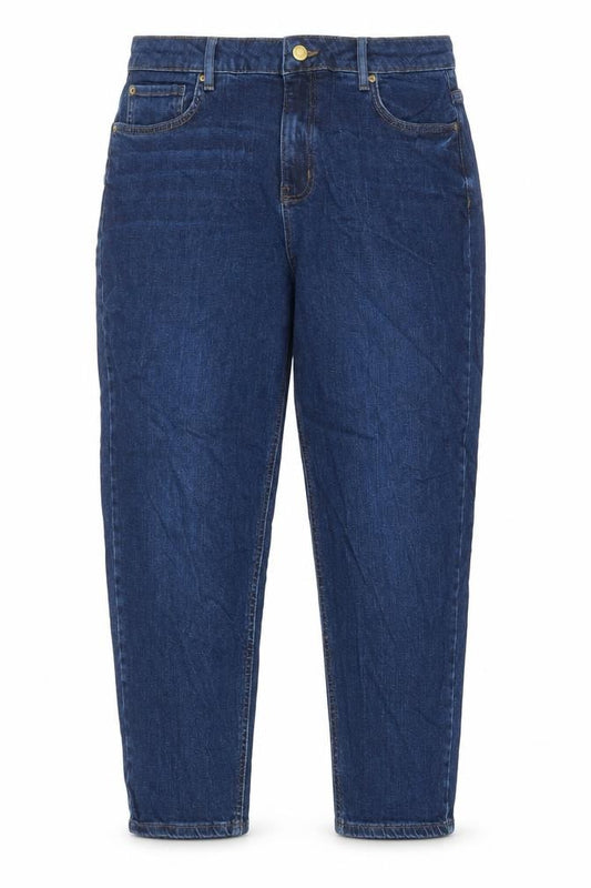 Front view of Marks & Spencer women’s blue cotton mom jeans, size UK 34, in, 26-inch leg regular zip