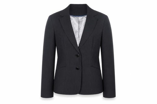 Front view of Dorothy Perkins women’s black striped jacket blazer, size UK 12, button