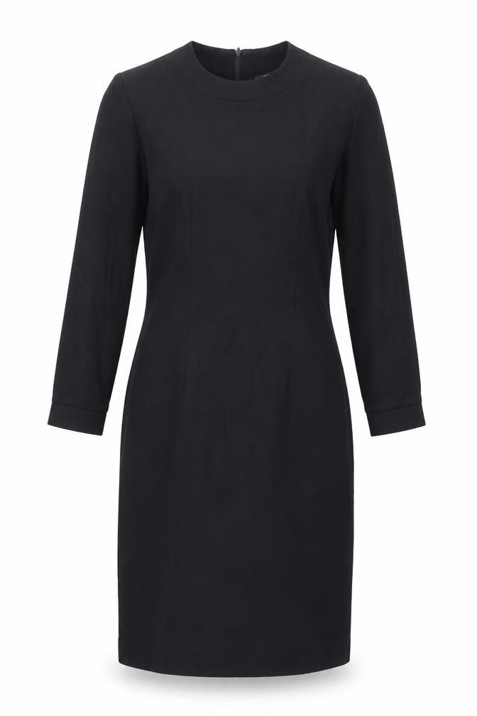 Front view of Henry Lee women’s black polyester sheath, size UK 10, mock neck zip