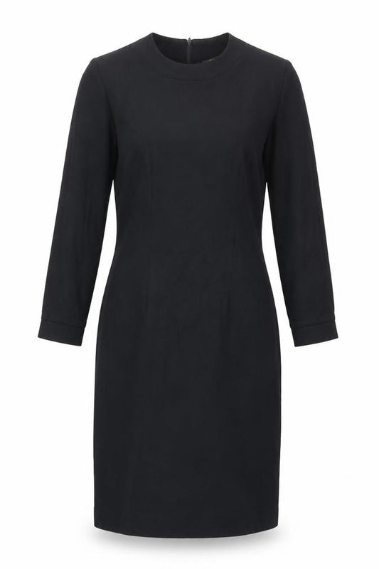 Front view of Henry Lee women’s black polyester sheath, size UK 10, mock neck zip