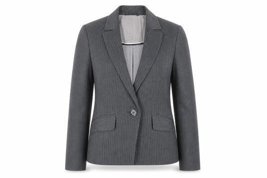 Front view of Debenhams women’s grey striped jacket blazer, size UK 12, button