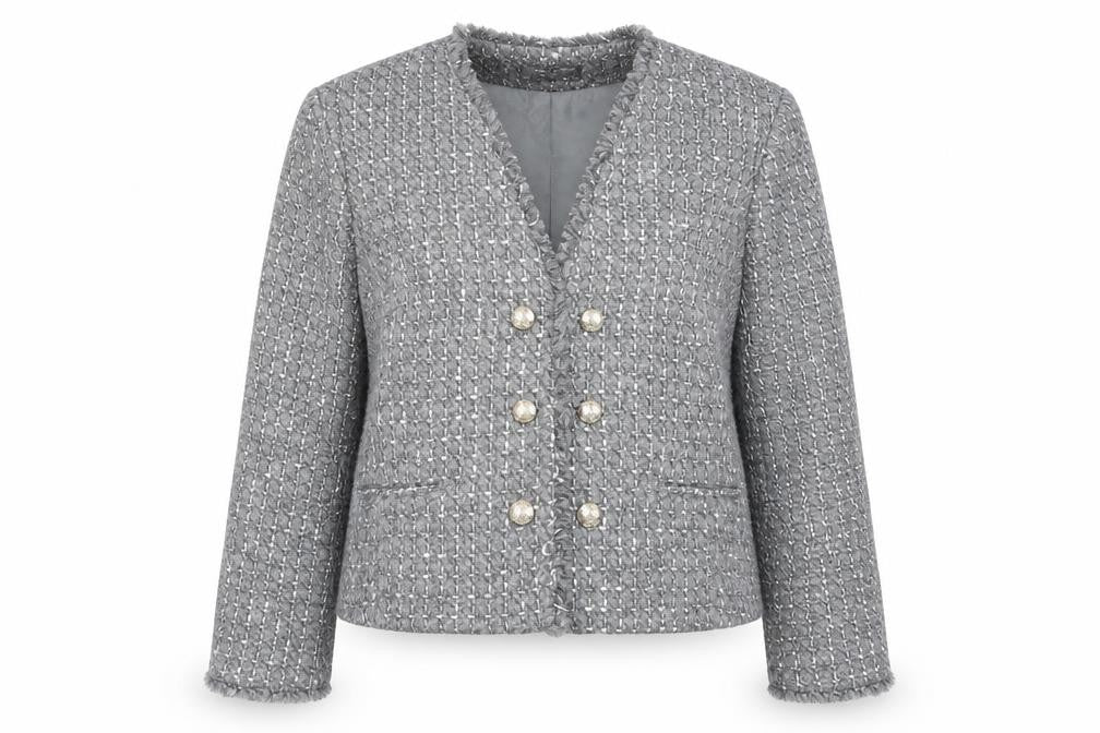 Front view of Marks & Spencer women’s grey jacket blazer, size UK 16, - open
