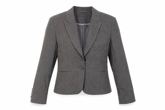 Front view of Next women’s brown striped jacket blazer, size UK 14, button