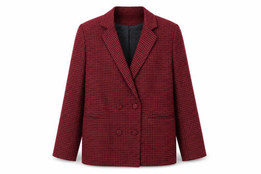 Front view of Stradivarius women’s red check jacket blazer, size M, button