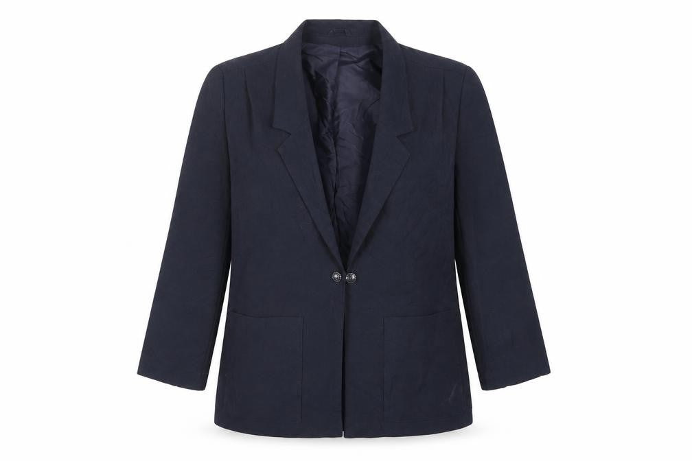 Front view of EWM women’s blue jacket blazer, size UK 12, button - vintage