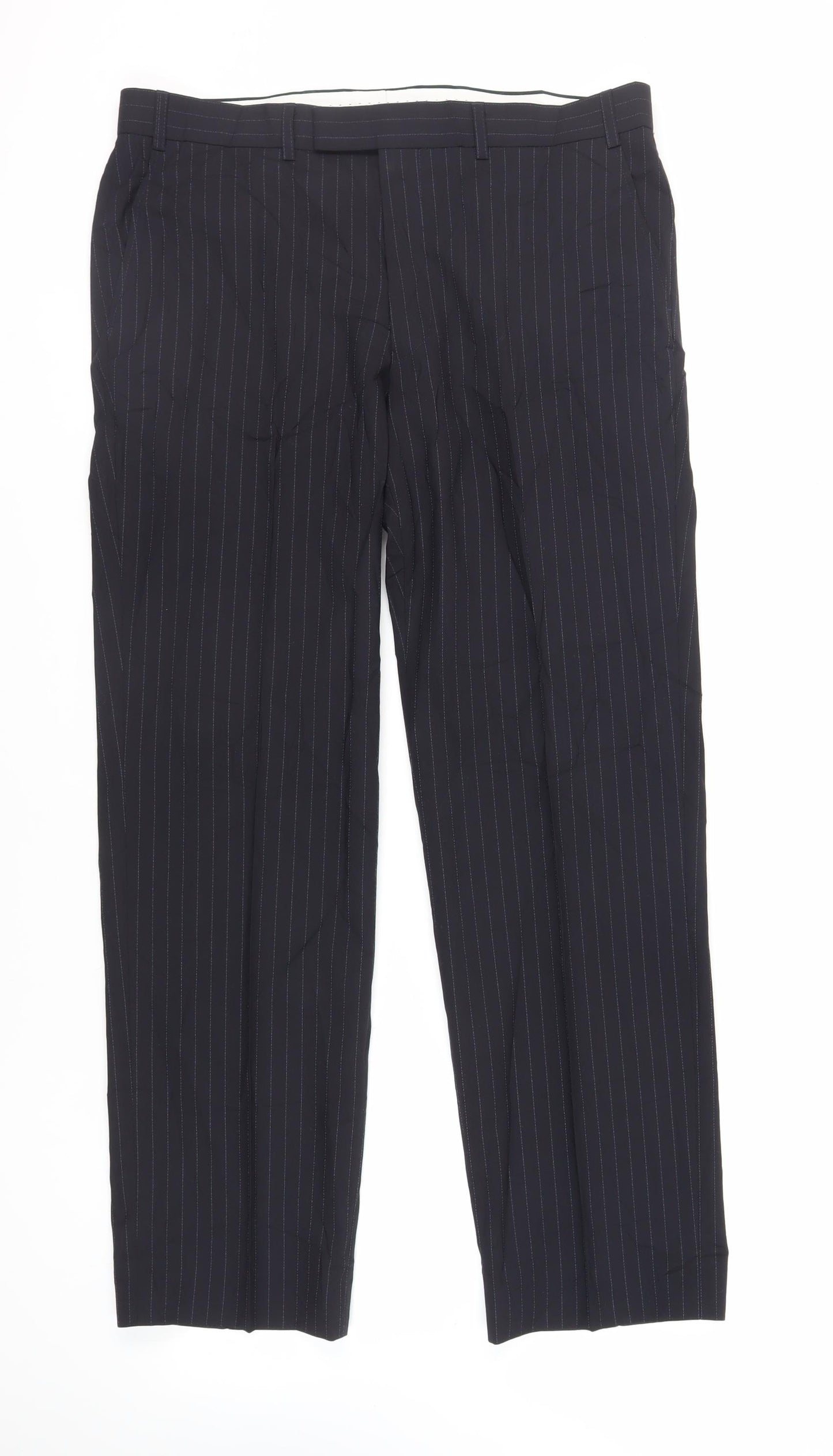 Marks and Spencer Mens Blue Striped Polyester Dress Pants Trousers Size 36 in L31 in Regular Zip