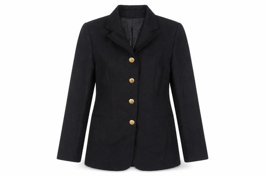 Front view of CONTEXT women’s black jacket blazer, size UK 12, button