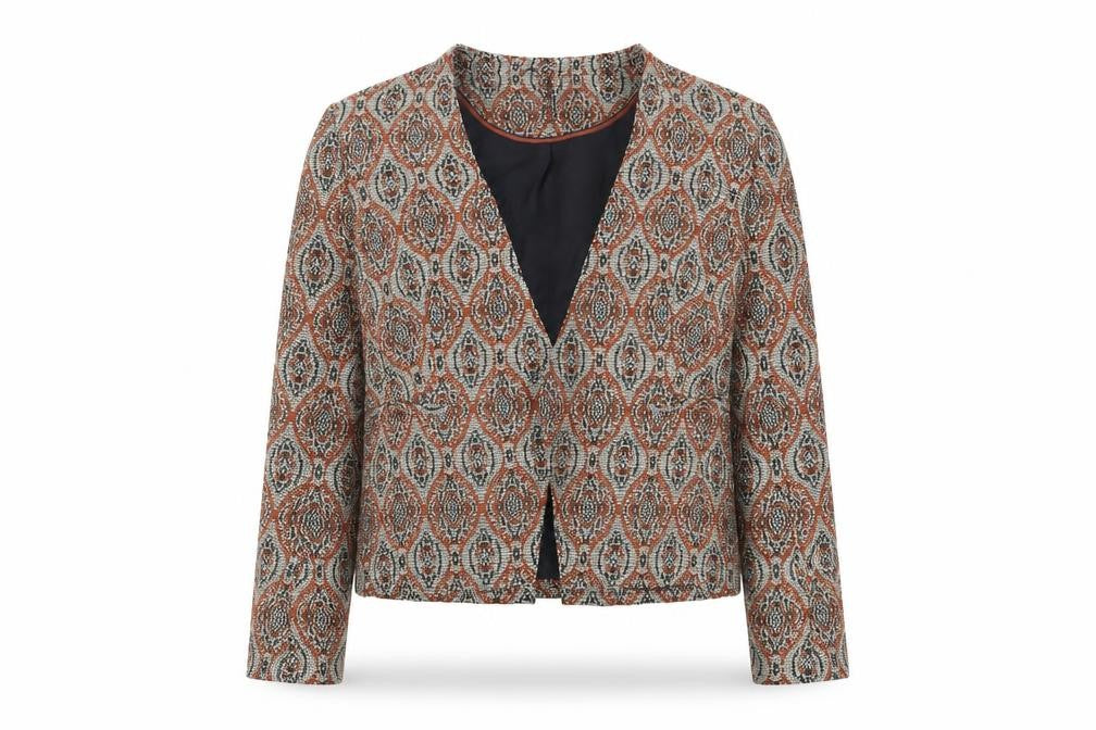 Front view of Marks & Spencer women’s multicoloured geometric jacket blazer, size UK 16, - open