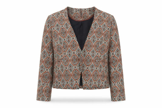 Front view of Marks & Spencer women’s multicoloured geometric jacket blazer, size UK 16, - open