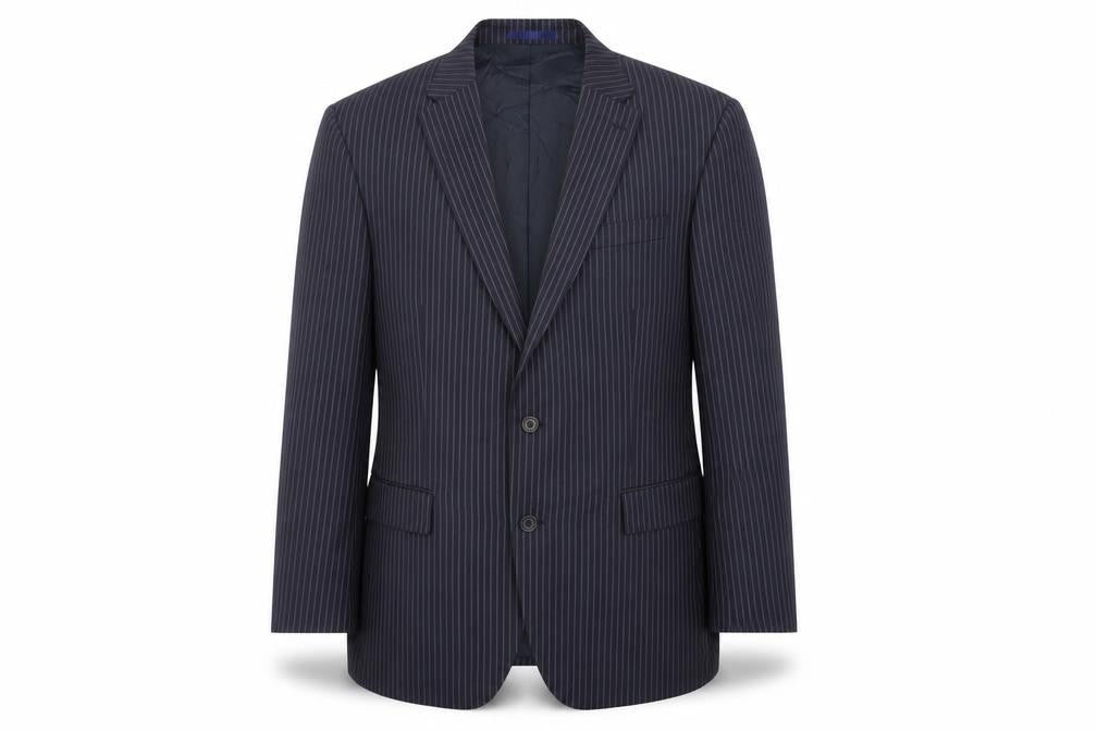 Front view of Next men’s blue striped wool jacket suit jacket, size 46, regular