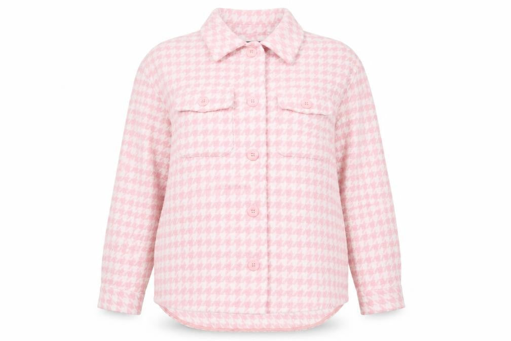 Front view of Simply Be women’s pink geometric jacket, size UK 14, button