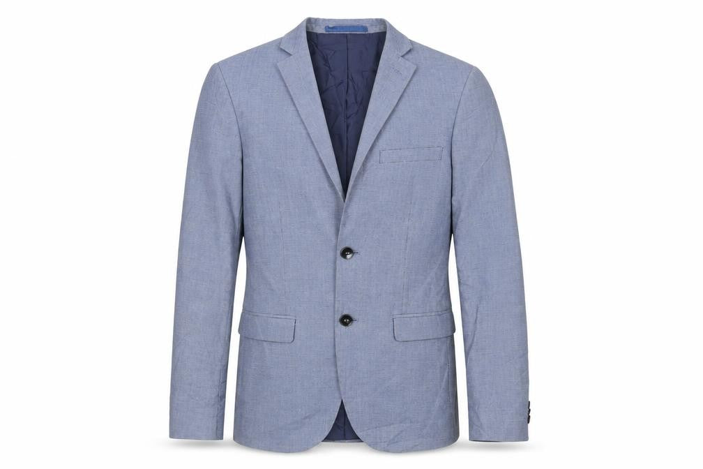 Front view of Marks & Spencer men’s blue polyester jacket suit jacket, size 36, regular