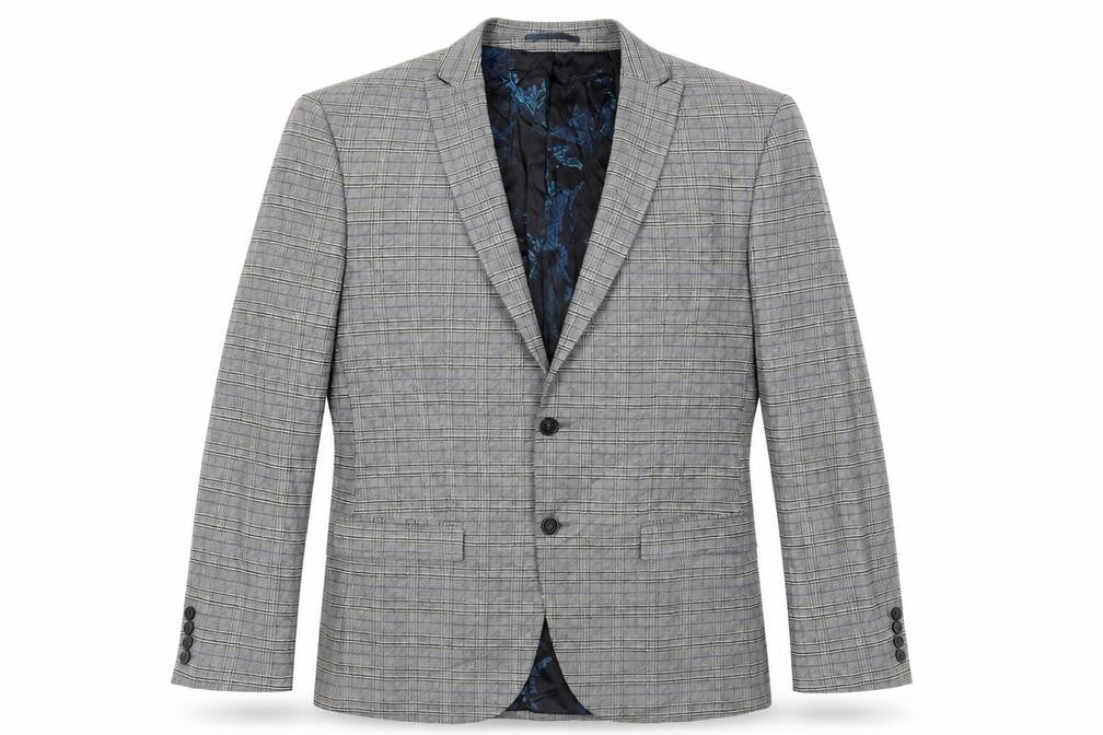 Front view of River Island men’s grey plaid polyester jacket blazer, size 44, regular