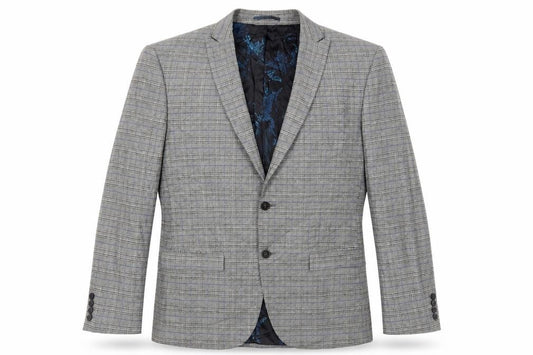 Front view of River Island men’s grey plaid polyester jacket blazer, size 44, regular