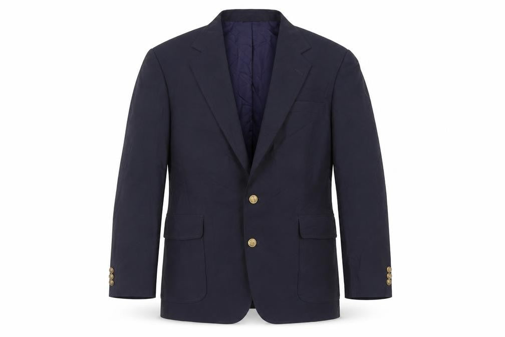 Front view of Haggar men’s blue polyester jacket blazer, size 42, regular