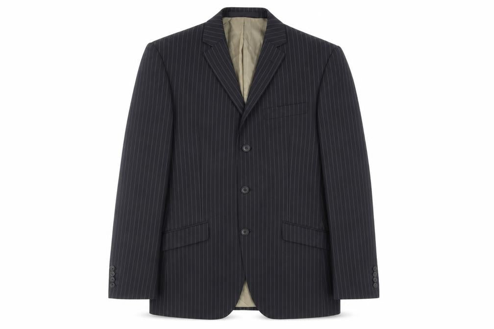 Front view of Marks & Spencer men’s black striped wool jacket suit jacket, size 38, regular