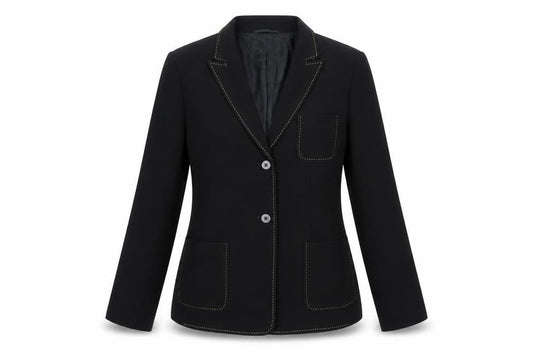 Front view of Planet women’s black jacket blazer, size UK 12, button - contrasting stitching