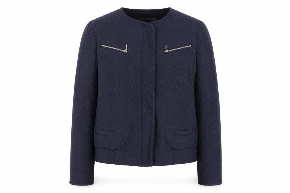 Front view of Principles women’s blue geometric jacket, size UK 14, zip - textured