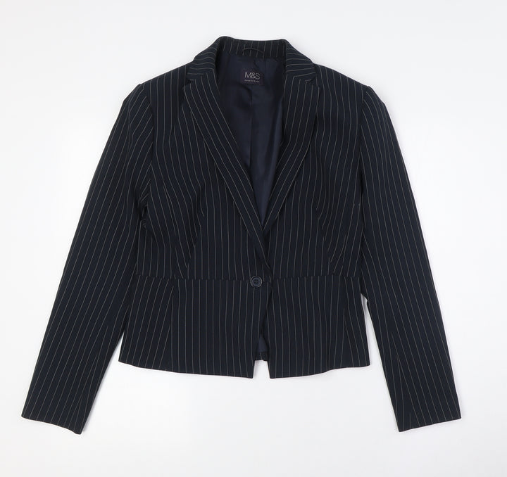 Marks and Spencer Womens Blue Striped Jacket Size 8 Button - Fitted