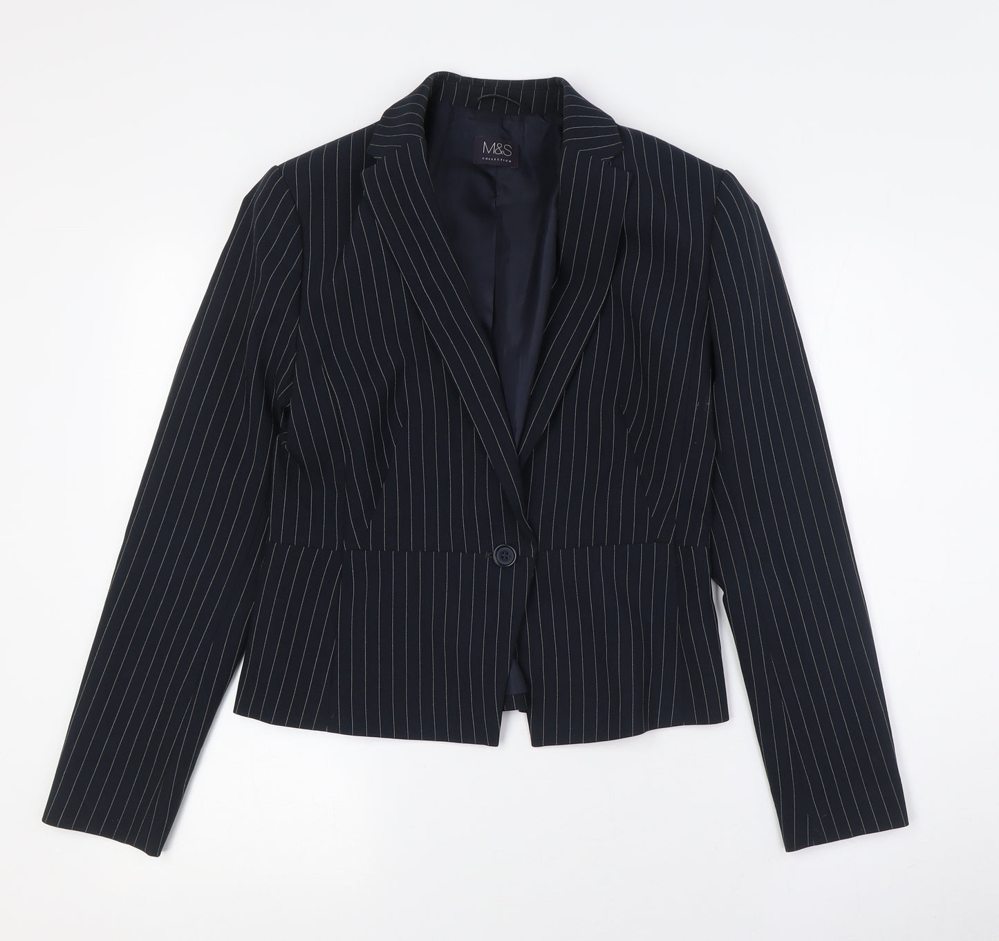 Marks and Spencer Womens Blue Striped Jacket Size 8 Button - Fitted