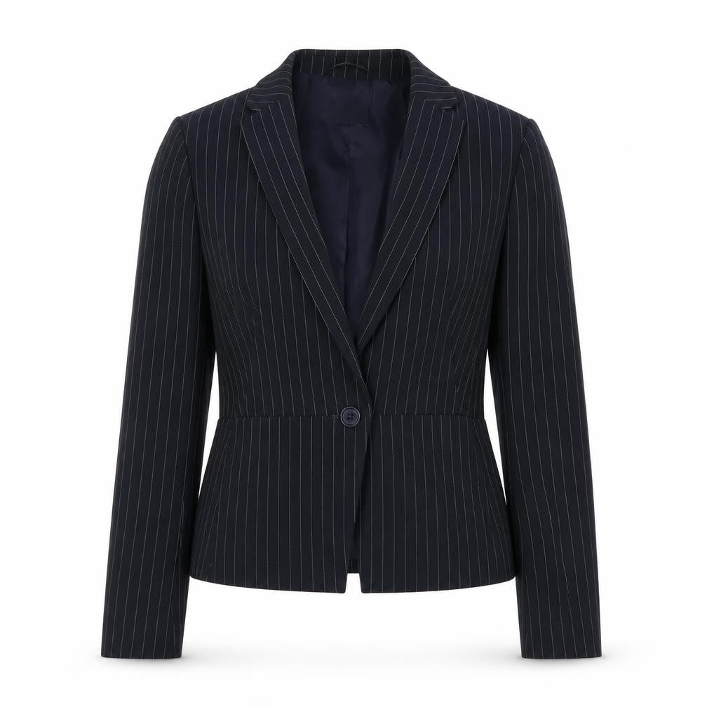 Front view of Marks & Spencer women’s blue striped jacket, size UK 8, button - fitted