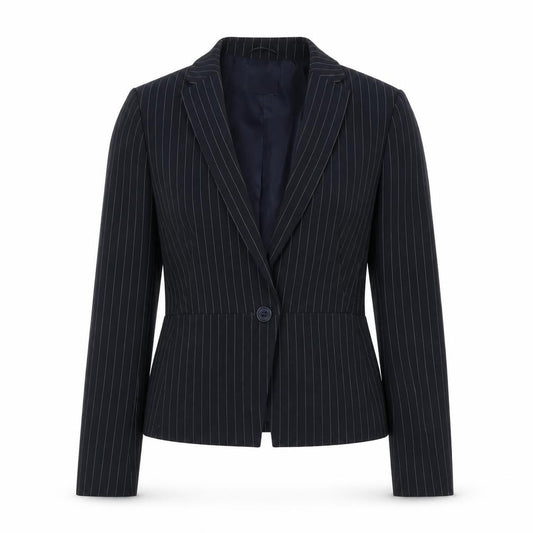 Front view of Marks & Spencer women’s blue striped jacket, size UK 8, button - fitted