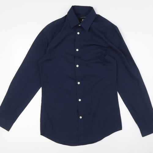H&M Mens Blue Polyester Dress Shirt Size XS Collared Button