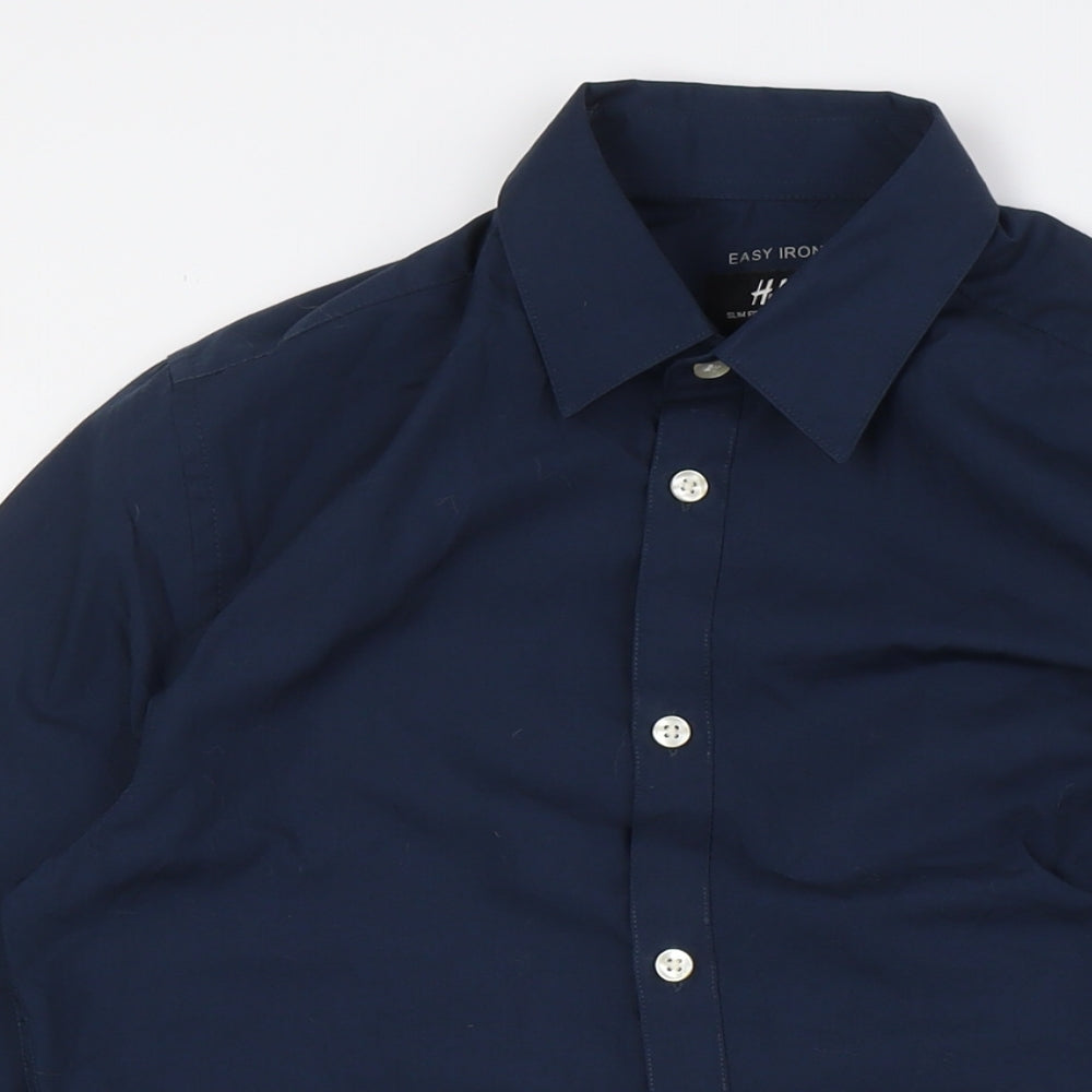 H&M Mens Blue Polyester Dress Shirt Size XS Collared Button