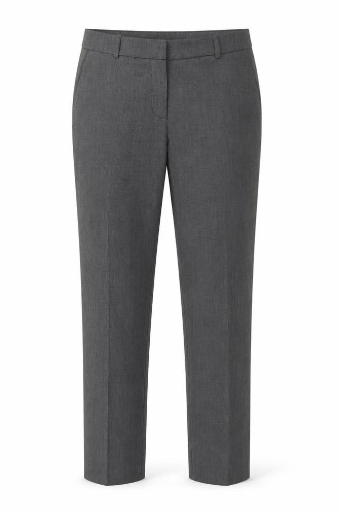 Front view of H&M women’s grey polyester trousers, size UK 8, 30-inch leg regular zip