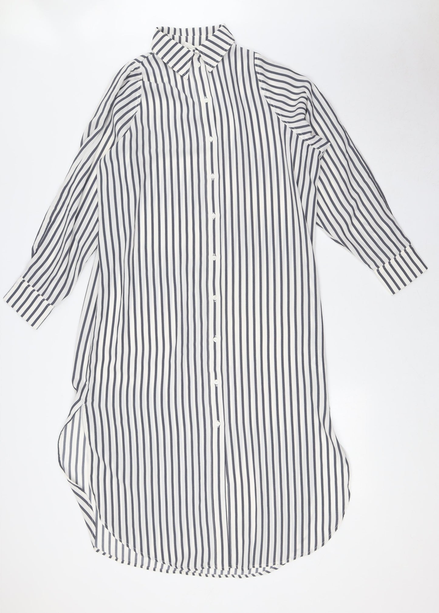 H&M Womens Ivory Striped Polyester Shirt Dress Size XS Collared Button