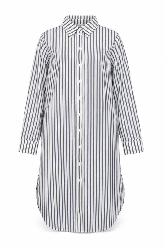 Front view of H&M women’s ivory striped polyester shirt dress, size XS, collared button