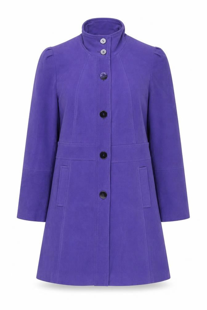 Front view of Per Una women’s purple overcoat coat, size UK 12, button