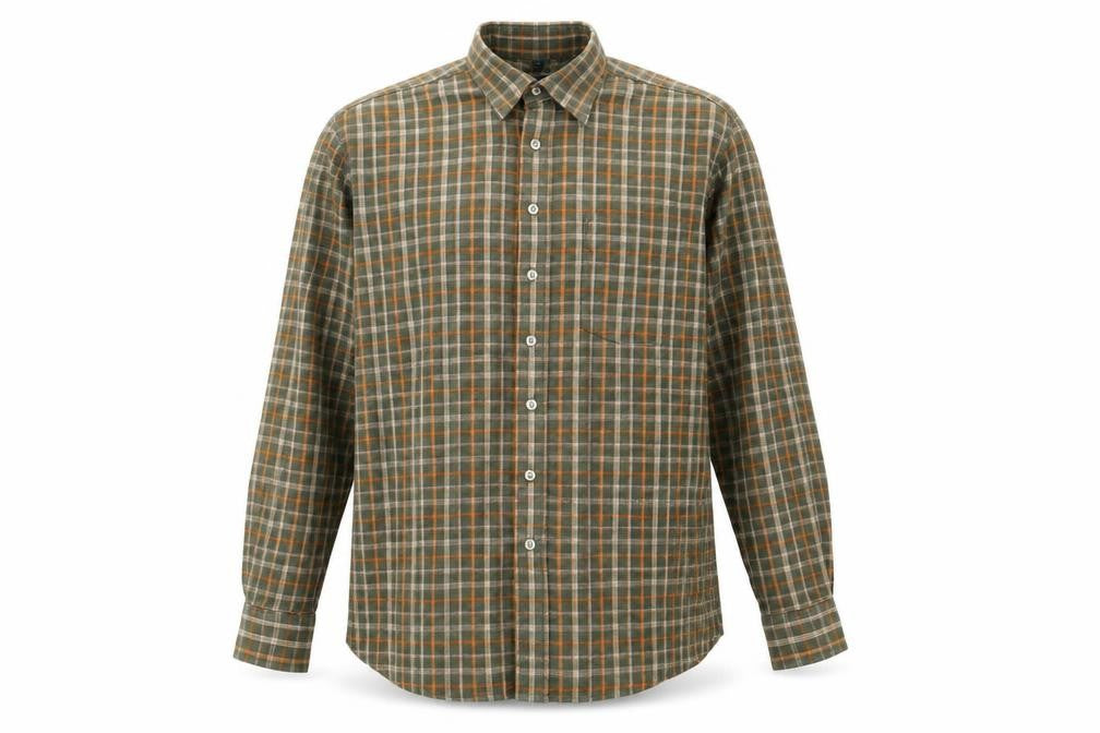 Front view of Crewfield men’s green check cotton button-up, size M, collared button
