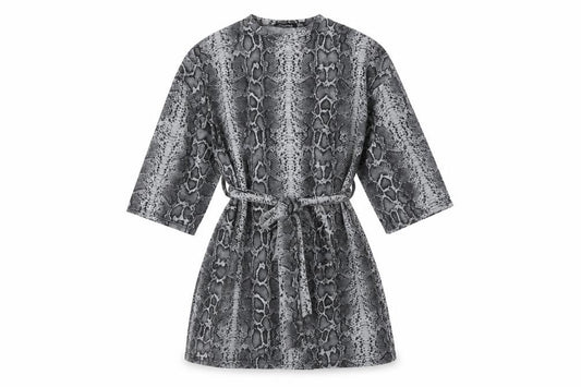 Front view of Boohoo women’s grey animal print polyester a-line, size UK 8, crew neck - with belt