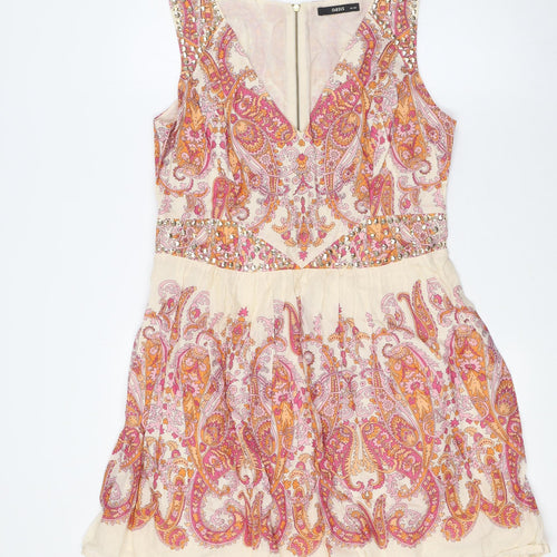 Oasis Womens Multicoloured Cotton A-Line Size 14 V-Neck Zip - Embellished Waist and Shoulders