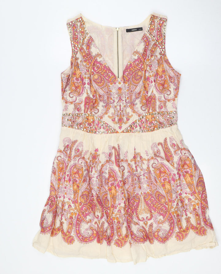 Oasis Womens Multicoloured Cotton A-Line Size 14 V-Neck Zip - Embellished Waist and Shoulders