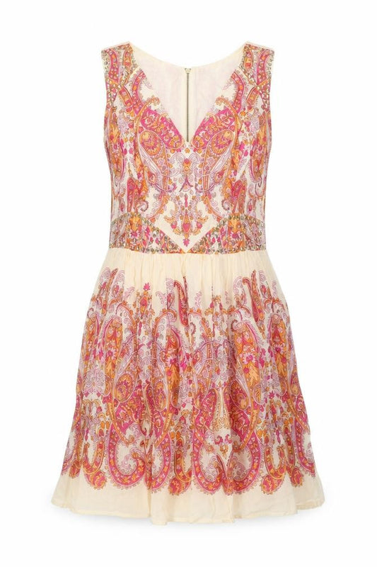 Front view of Oasis women’s multicoloured cotton a-line, size UK 14, v-neck zip - embellished waist and shoulders
