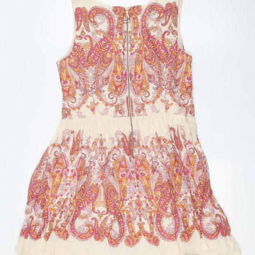 Oasis Womens Multicoloured Cotton A-Line Size 14 V-Neck Zip - Embellished Waist and Shoulders