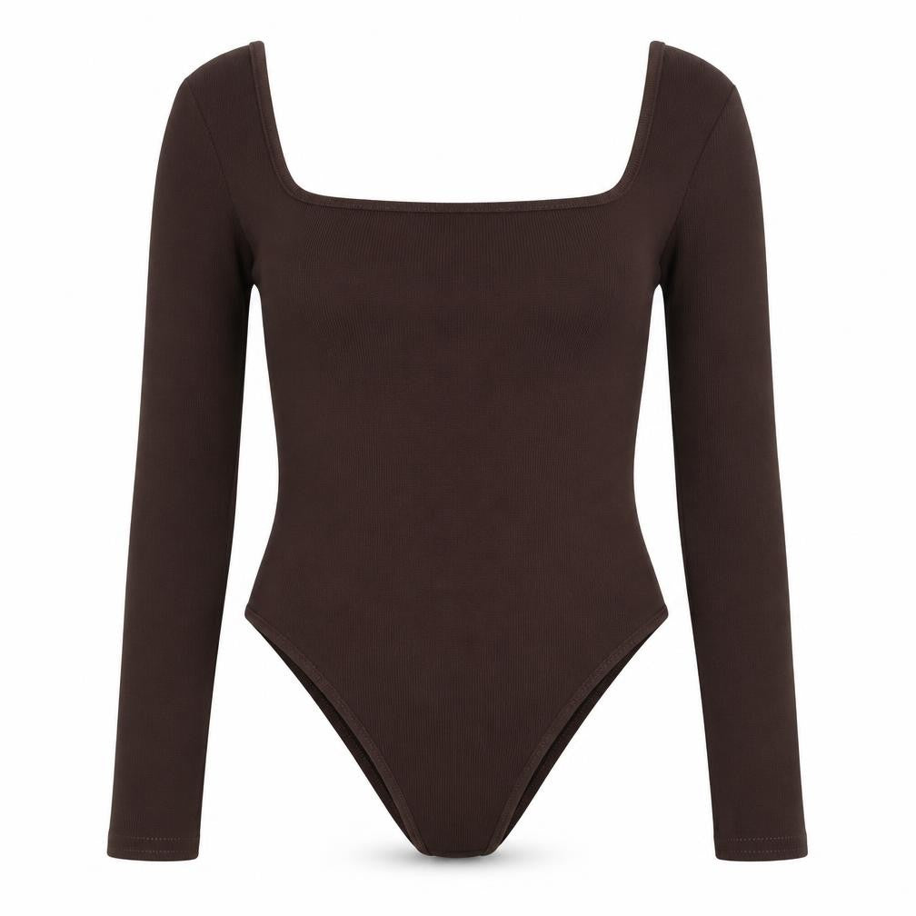 Front view of I SAW IT FIRST women’s brown polyester bodysuit one-piece, size UK 8, snap - ribbed