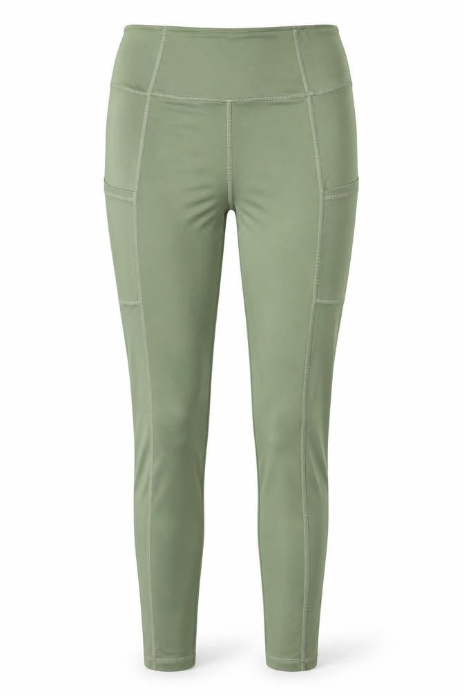 Front view of Missguided women’s green polyester capri leggings, size UK 8, 28-inch leg - pockets