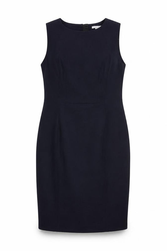 Front view of H&M women’s blue polyester pencil dress, size UK 16, round neck zip