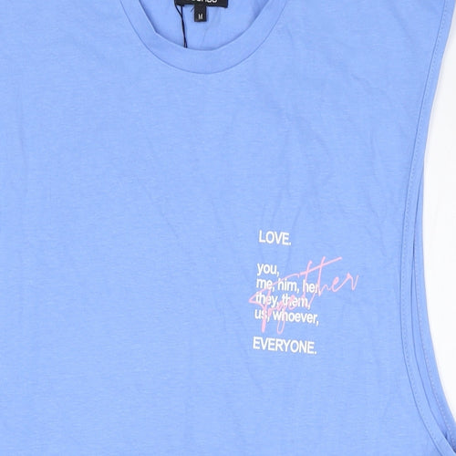 Boohoo Mens Blue Cotton T-Shirt Size M Crew Neck