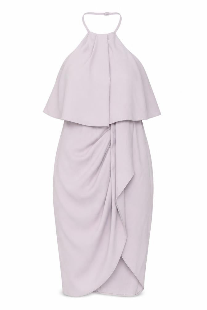 Front view of Lipsy women’s purple polyester wrap dress, size UK 8, halter zip