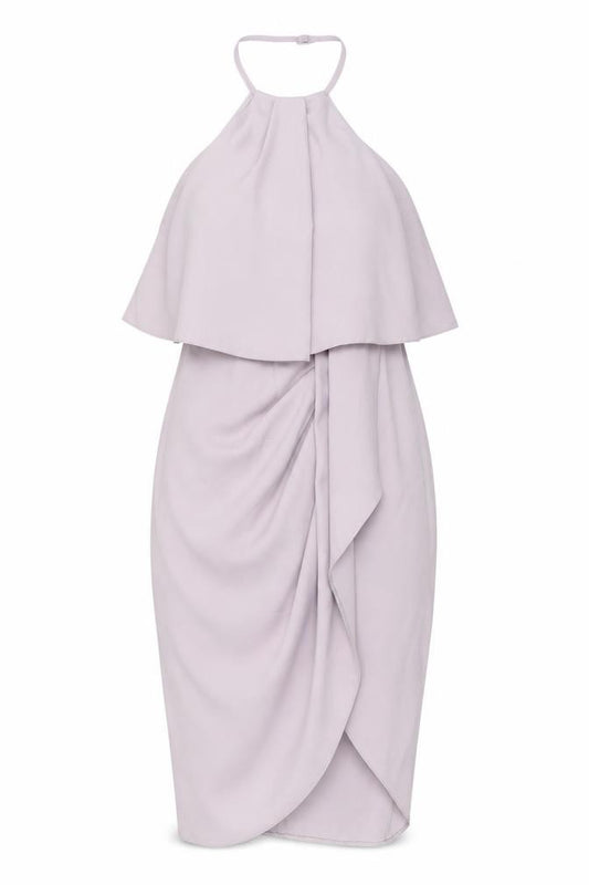 Front view of Lipsy women’s purple polyester wrap dress, size UK 8, halter zip